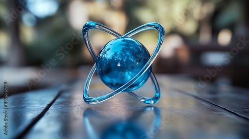 A mesmerizing macro shot of a blue glass atom model reflecting on a dark surface. The image is conceptually intriguing and aesthetically pleasing.
