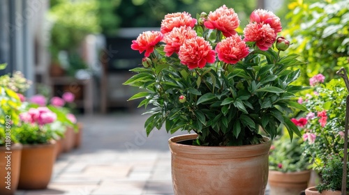 A vibrant red peony plant in a ceramic pot, surrounded by lush green foliage on a sunny patio.