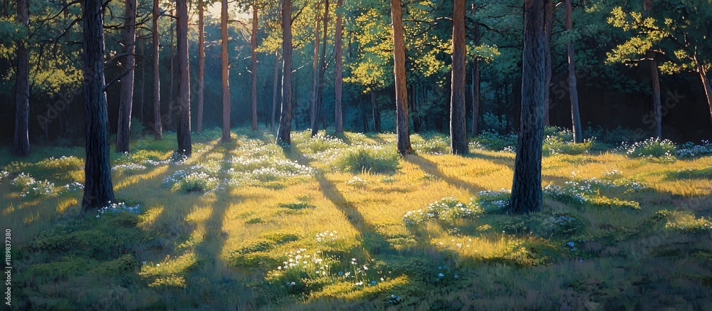 Fototapeta premium Sunlit pine forest floor, dappled light, morning shadows, nature background, idyllic scene