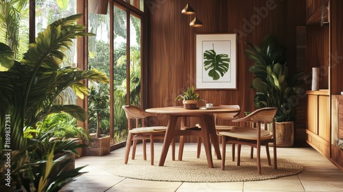 A wooden home living room featuring comfortable chairs and an eating table, with a mockup frame for personalized decor. photo