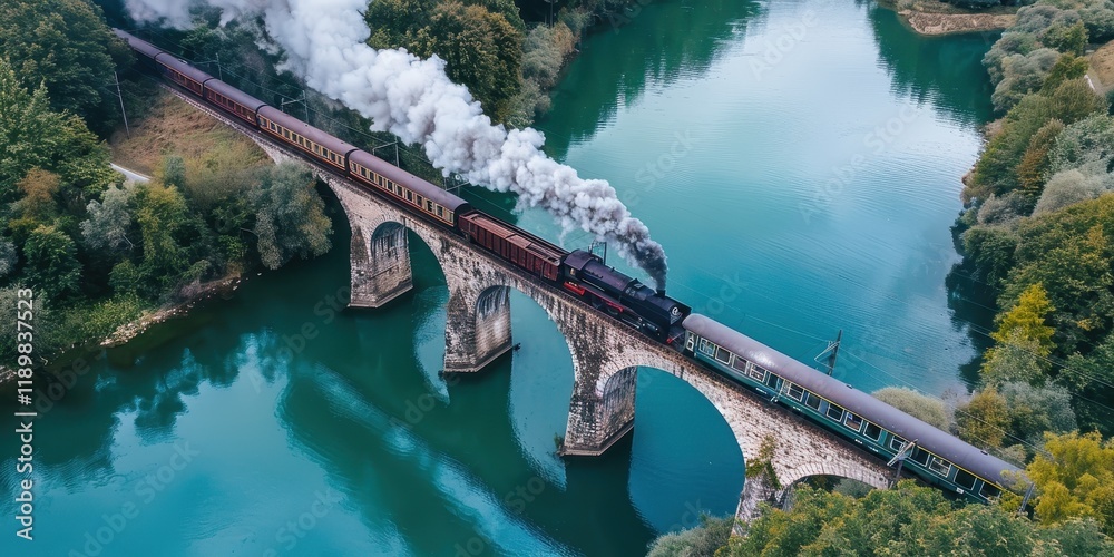 Fototapeta premium A steam locomotive crosses a picturesque bridge over a river, surrounded by lush greenery.