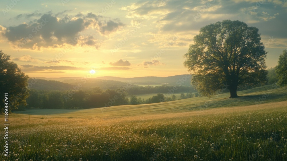 Obraz premium A wide grassy field with a towering tree in the distance, framed by soft light from the setting sun.