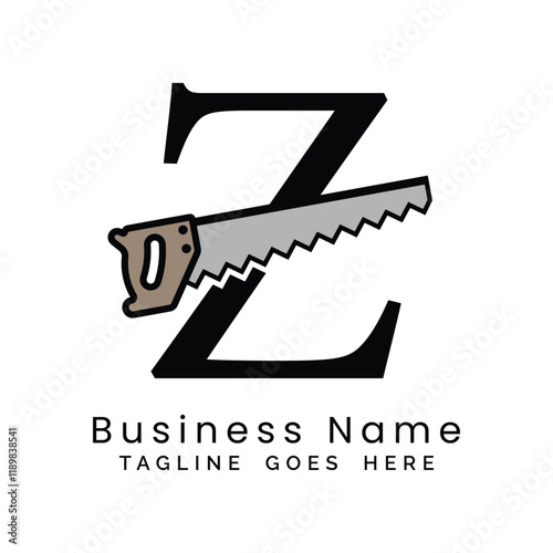 Letter Z handsaw logo. Alphabet Z woodwork and carpentry icon