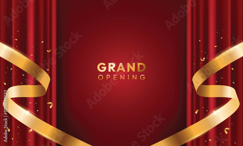 Red grand opening background with ribbon and curtain. Modern elegant promotional design.