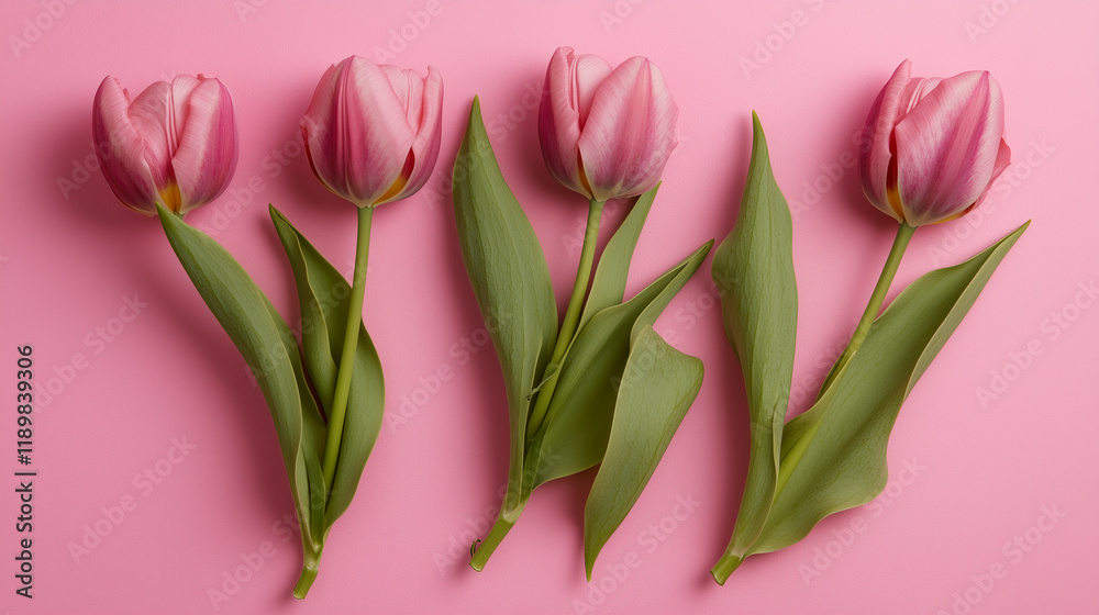 Obraz premium Beautiful composition spring flowers. Bouquet of pink tulips flowers on pastel pink background.