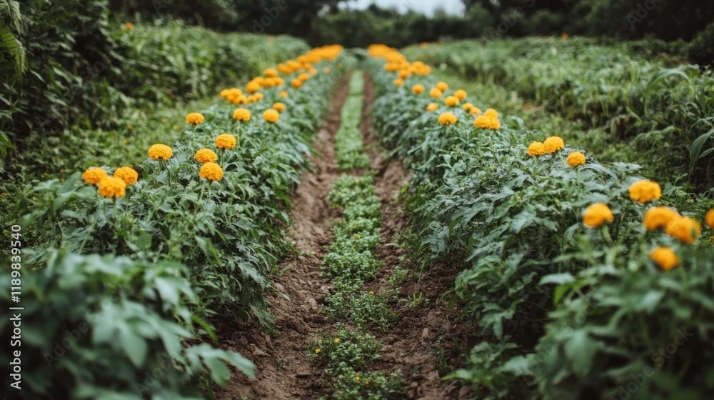 Obraz premium Rows of marigold flowers in a lush garden, their golden hues creating a cheerful and lively atmosphere.