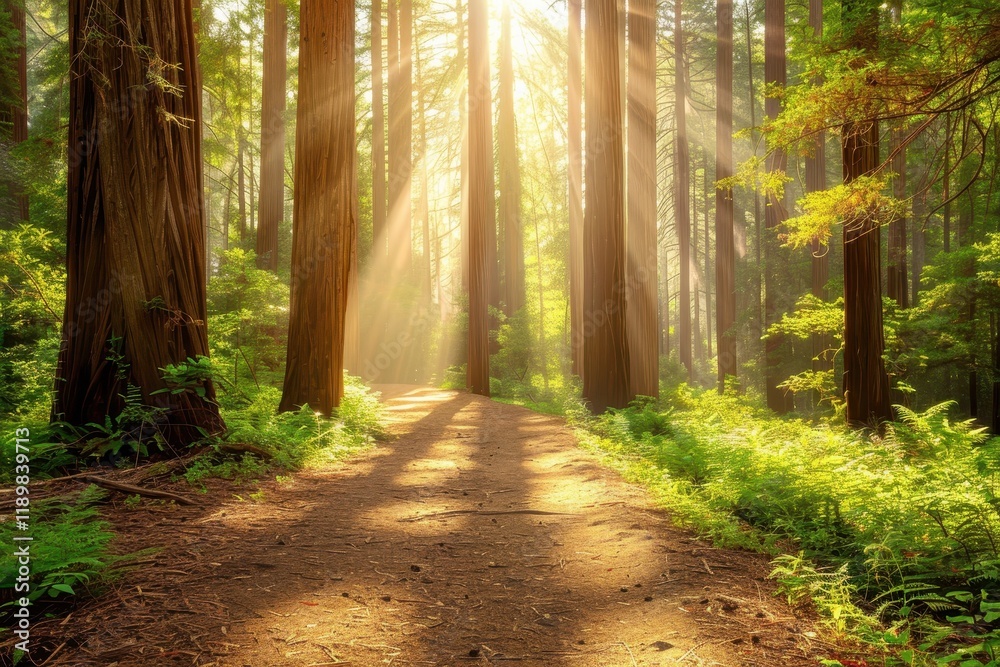 Fototapeta premium A sunlit forest path with towering trees and gentle rays illuminating the serene landscape.