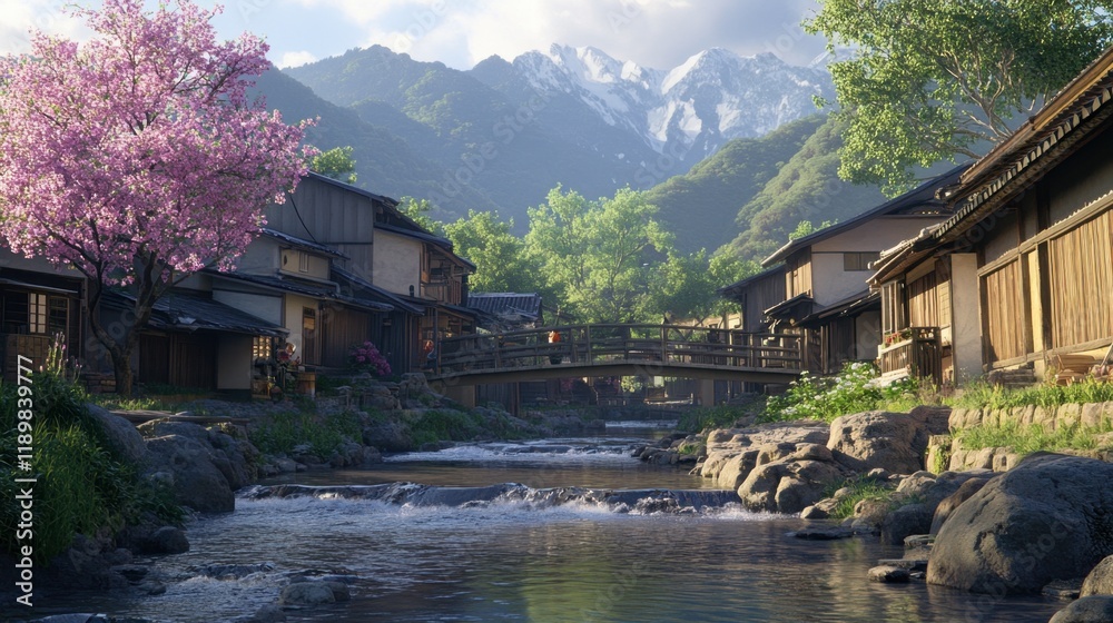 A peaceful stream flowing through Ouchi-juku village, surrounded by traditional houses and quaint footbridges. A peaceful stream flowing through Ouchi-juku village, surrounded by traditional houses and quaint footbridges.