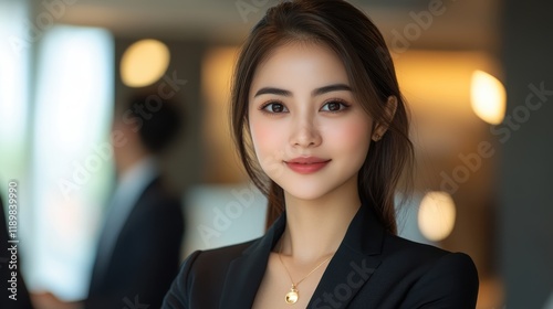 A woman in a black suit and gold necklace is smiling for the camera. Generative AI