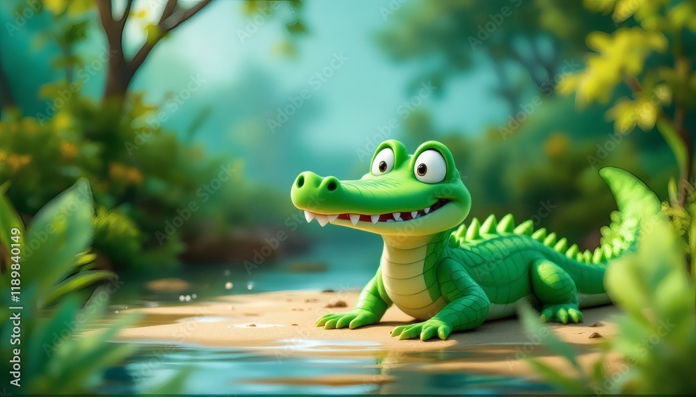 Charming Green Crocodile by the Riverbank: A 3D Rendered Cartoon Illustration Charming Green Crocodile by the Riverbank: A 3D Rendered Cartoon Illustration