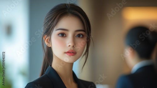 A woman with long hair and a black dress is standing in front of a wall. Generative AI