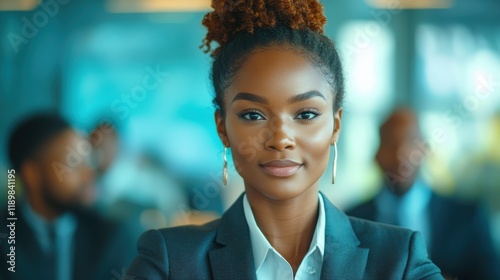 A woman with a black suit and white shirt is smiling. Generative AI