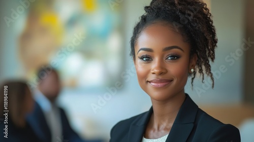 A woman with a black suit and a ponytail is smiling for the camera. Generative AI