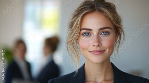 A woman with blonde hair and blue eyes is smiling for the camera. Generative AI