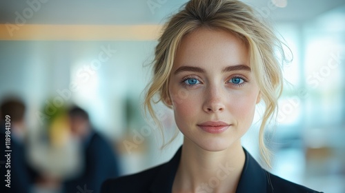 A woman with blue eyes and blonde hair is standing in front of a window. Generative AI