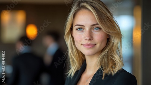 A woman with blonde hair and blue eyes is smiling for the camera. Generative AI