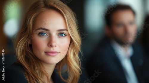 A woman with blonde hair and blue eyes is looking at the camera. Generative AI