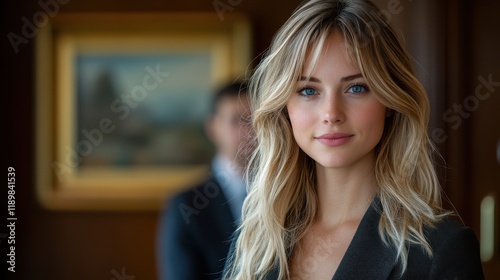 A woman with blonde hair and blue eyes is standing in front of a painting. Generative AI