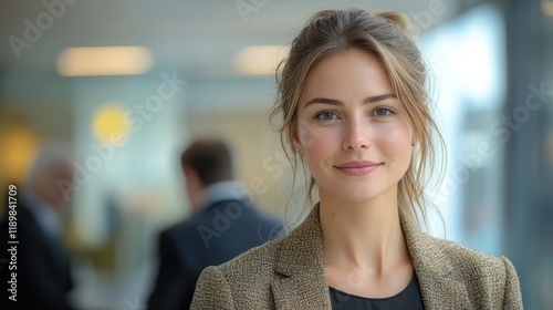 A woman with a smile on her face is wearing a jacket. Generative AI