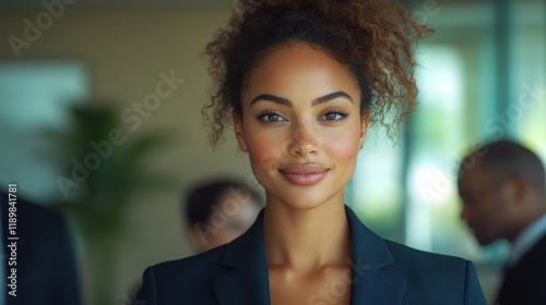 A woman with a dark hair and a black jacket is smiling. Generative AI