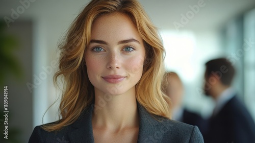 A woman with blonde hair and blue eyes is smiling for the camera. Generative AI