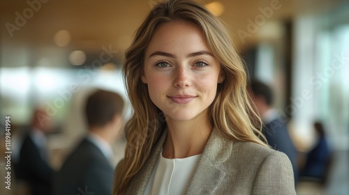A woman with blonde hair and a tan jacket is smiling at the camera. Generative AI