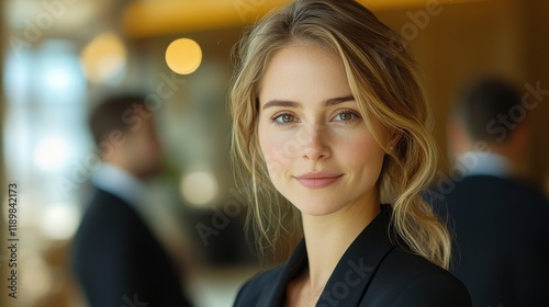 A woman with blonde hair and a black suit is smiling for the camera. Generative AI