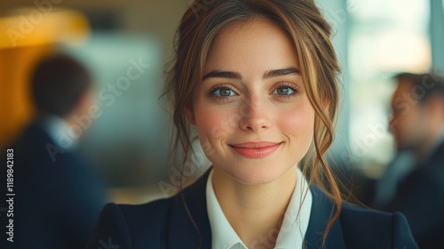A woman with a smile on her face is wearing a suit and a white shirt. Generative AI