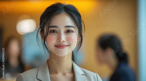 A woman with a smile on her face is wearing a business suit. Generative AI