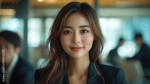 A woman with long brown hair and a black suit is smiling for the camera. Generative AI