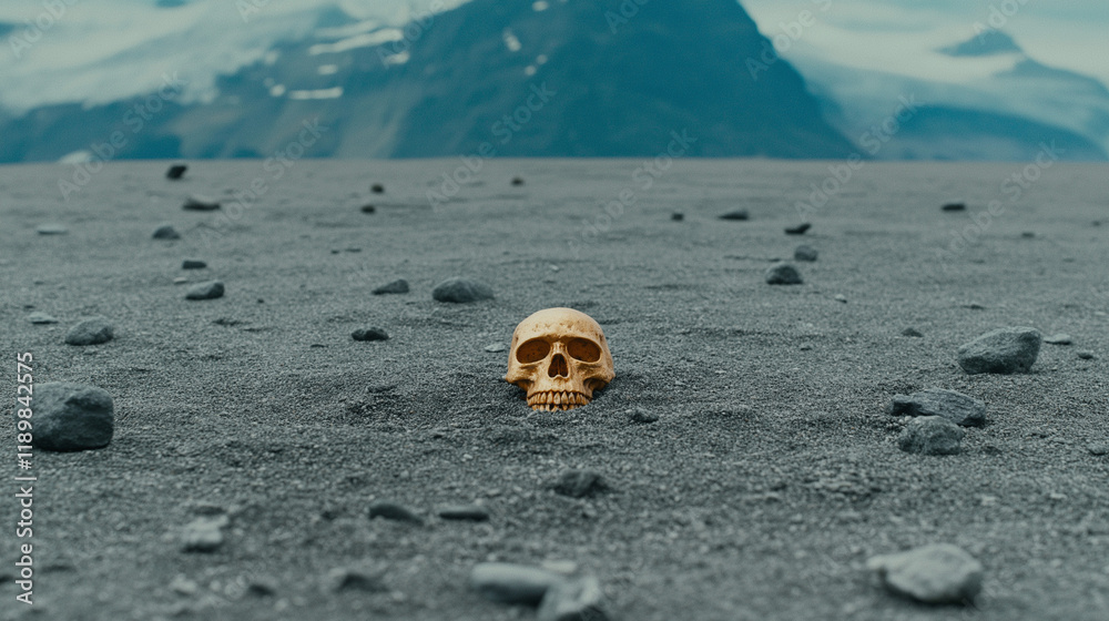 Obraz premium Eerie Skull in Desolate Landscape: A solitary human skull rests partially buried in the sand, its hollow eye sockets gazing out into a desolate and unforgiving landscape. The barren.