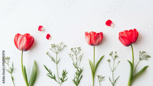 Flowers on white background., top view, flay lay with copy space