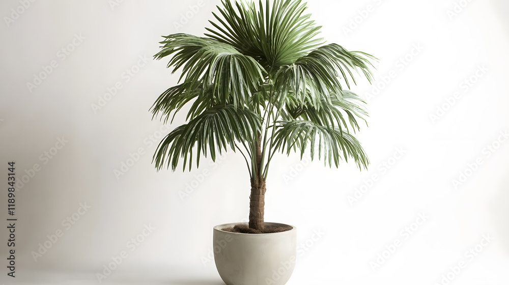 Obraz premium A lush Rhapis excelsa palm tree in a light gray pot, set against a clean white background. The image evokes a sense of tranquility and minimalist design.