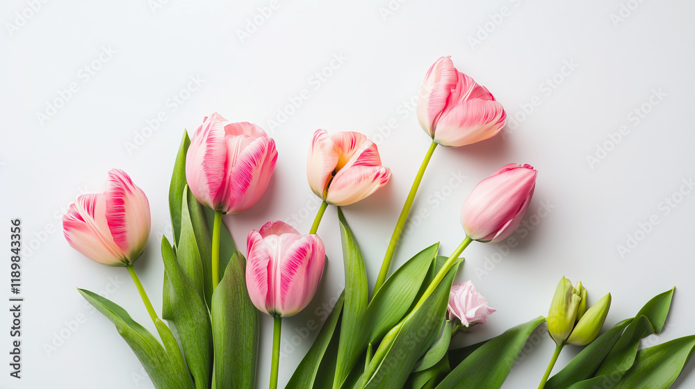 Obraz premium Flowers on white background., top view, flay lay with copy space