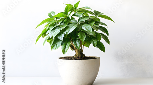 Wallpaper Mural A lush green bonsai tree in a speckled white pot sits against a minimalist white background. The plant's vibrant leaves and carefully shaped branches create a serene and elegant scene. Torontodigital.ca