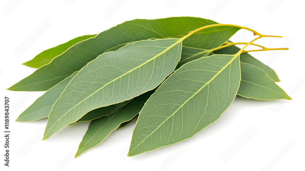 Fototapeta premium A bunch of fresh eucalyptus leaves isolated on a white background. The vibrant green leaves are detailed, showing their natural texture and veins.