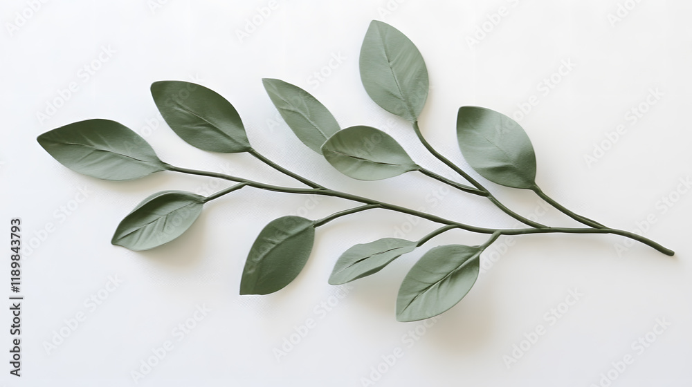 Obraz premium A sprig of artificial olive branch with multiple sage green leaves arranged on a white background. Perfect for minimalist decor or design projects.