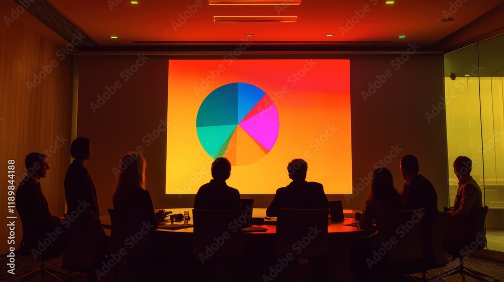 A vibrant pie chart on a presentation slide, surrounded by a jubilant team in a professional meeting space. A vibrant pie chart on a presentation slide, surrounded by a jubilant team in a professional meeting space.
