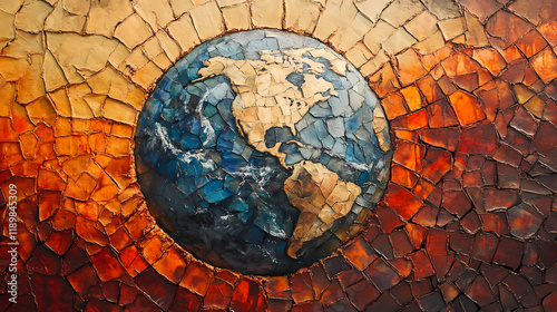 The earth, dry and split open, creates a mosaic-like pattern, highlighting the consequences of global warming and climate change. Shadowfall. Illustration photo