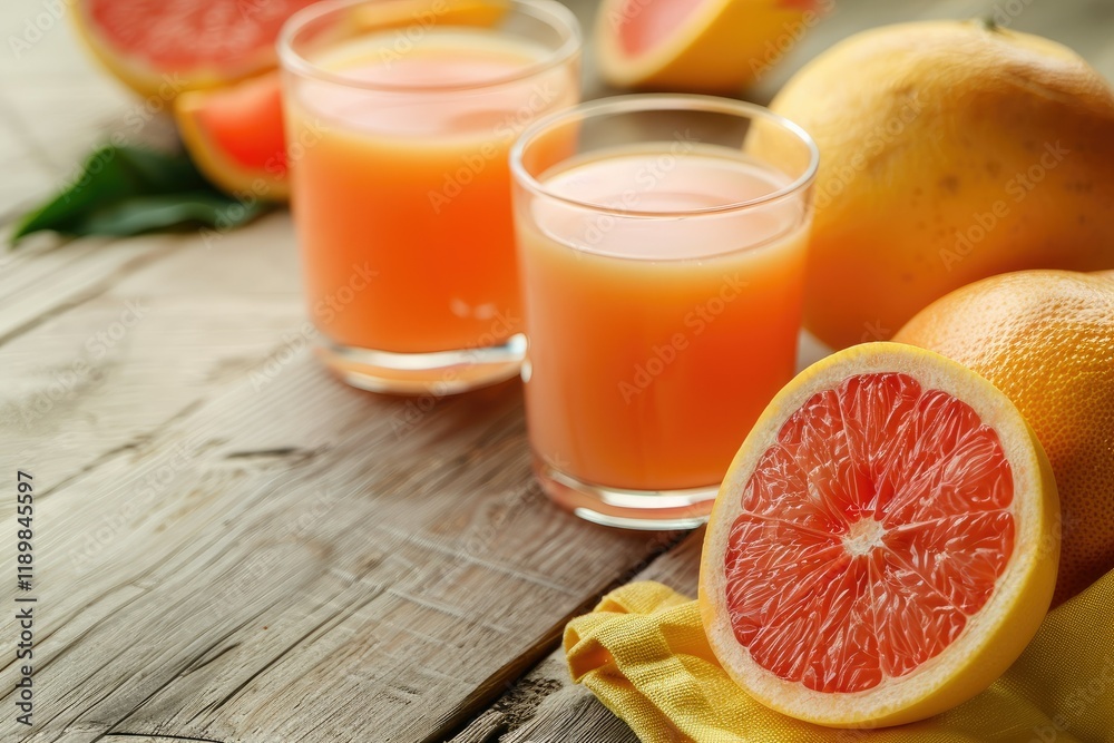 Fresh Grapefruits and Two Glasses of Grapefruit Juice on Light Wooden Table with Copy Space Fresh Grapefruits and Two Glasses of Grapefruit Juice on Light Wooden Table with Copy Space