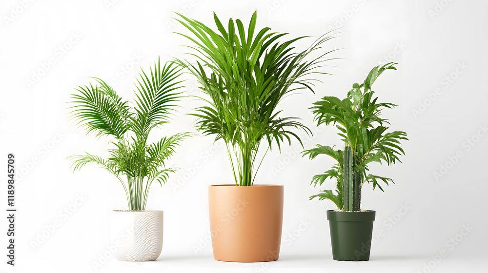 Obraz premium Three potted plants against a white background. A taller plant in a terracotta pot is centered, flanked by smaller plants in white and dark green pots.
