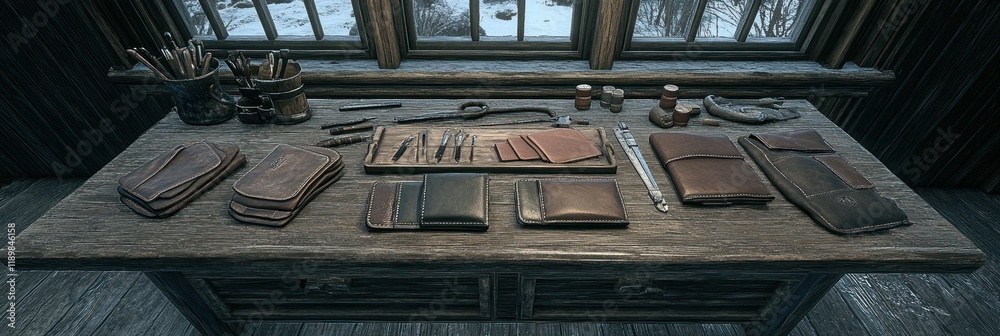 Obraz premium Rustic Workshop Table with Leather Crafting Tools by a Window