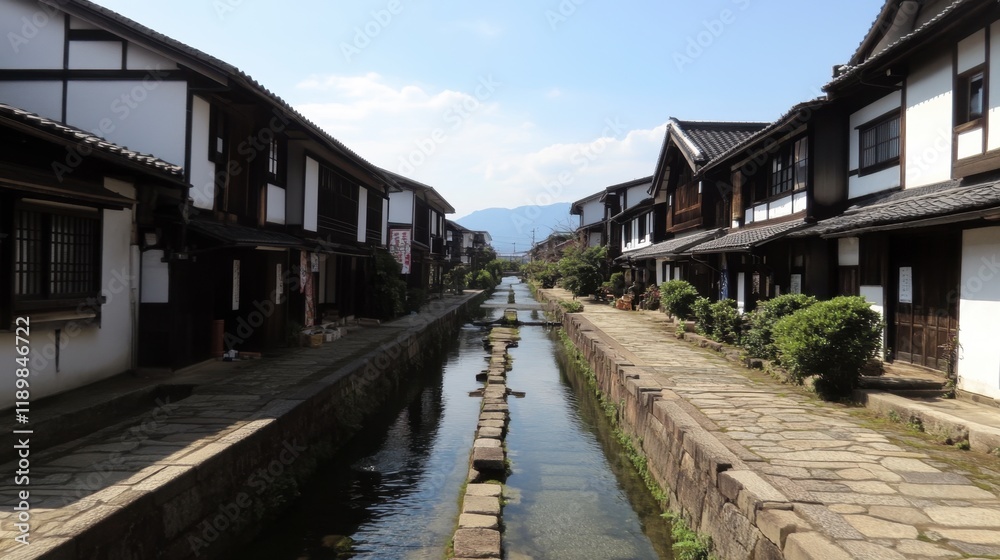 The peaceful ambiance of Ouchi-jukus water channel lined with beautiful stone paths and greenery.