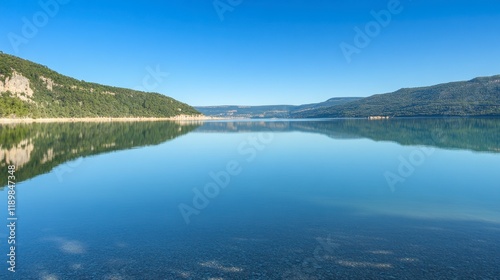 The tranquil waters of the Gorges du Verdon reflecting the surrounding cliffs and bright blue sky above.