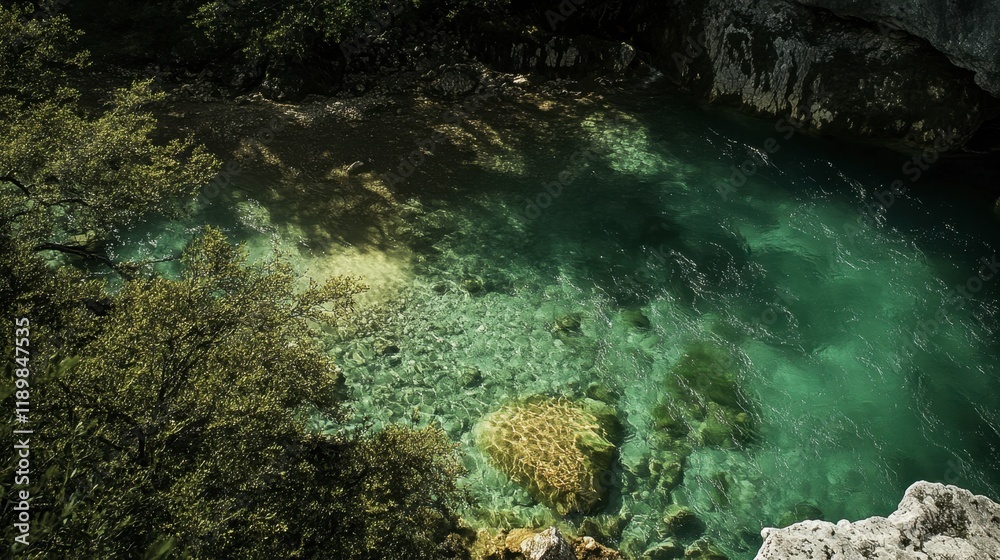 Obraz premium The vibrant colors of the Gorges du Verdon, with its lush greenery and turquoise river contrasting against the rocky cliffs.