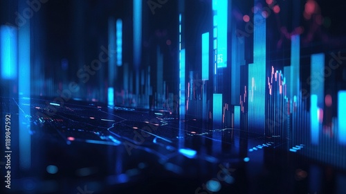 Conceptual illustration of stock market and fintech with blurry blue digital charts over a dark blue background, showcasing a futuristic financial interface and forex concepts.