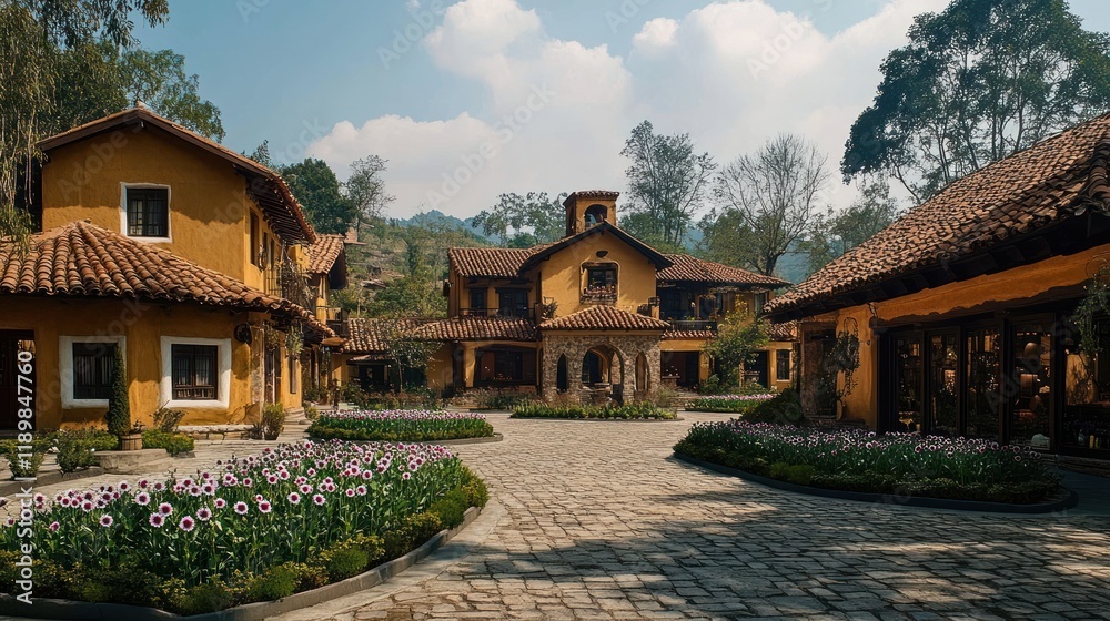 Obraz premium Hillside Spanish-style villas courtyard, sunny day. Luxury resort, travel brochure use
