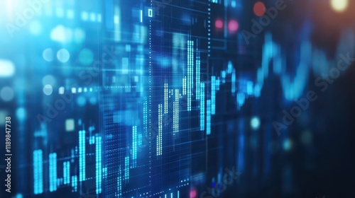 Conceptual illustration of stock market and fintech with blurry blue digital charts over a dark blue background, showcasing a futuristic financial interface and forex concepts.