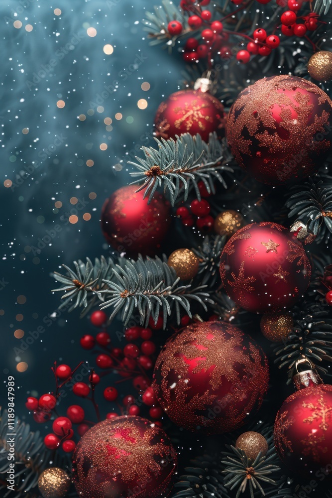 Many red and gold ornaments on a christmas tree, christmas background, vertical background