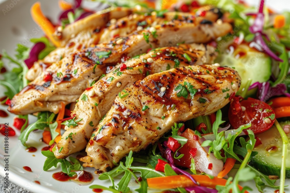 Detailed Visual of Grilled Chicken Strips with Vegetable Salad Detailed Visual of Grilled Chicken Strips with Vegetable Salad